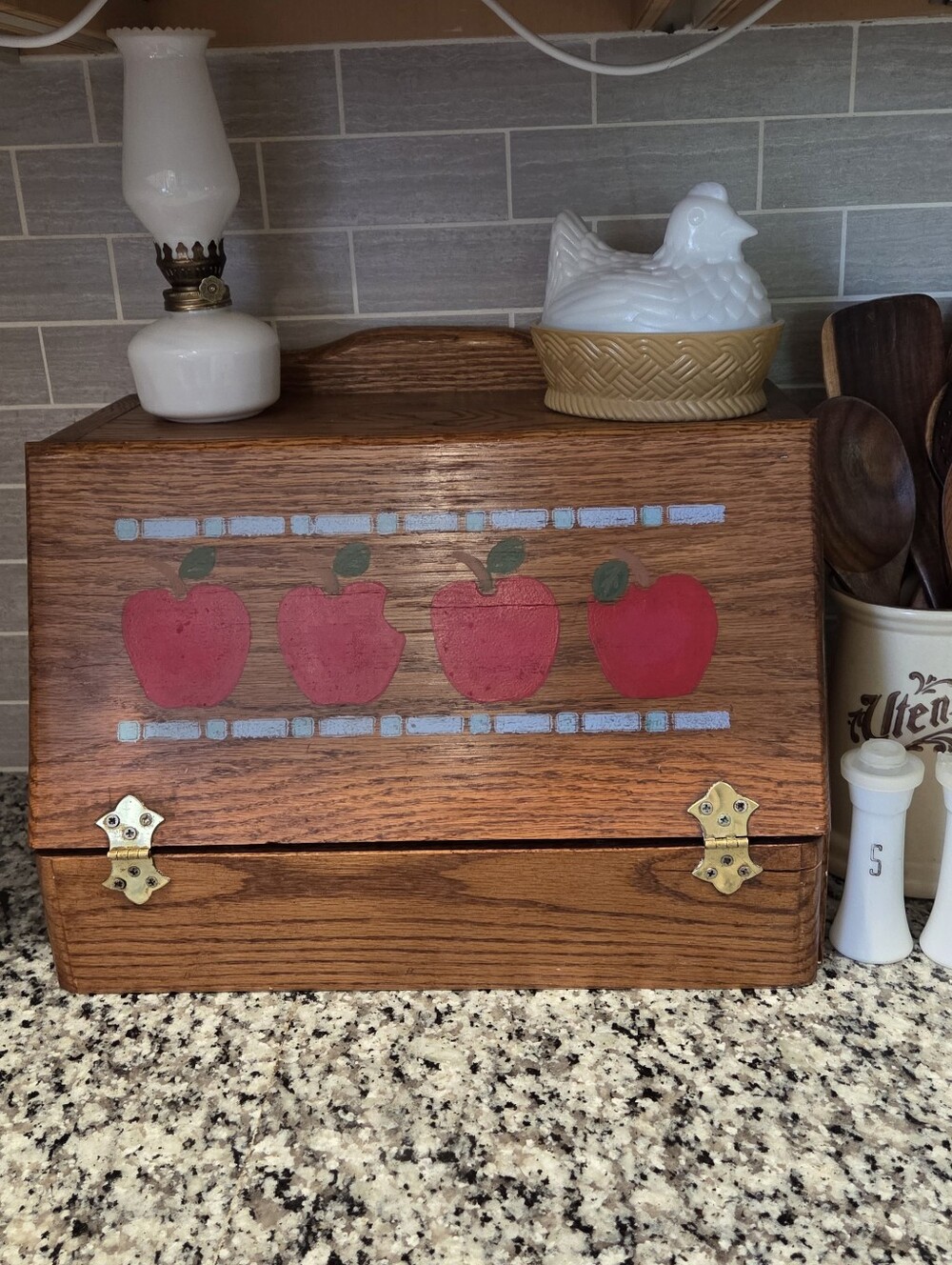 Vintage Wooden Bread Box with Red Apple Design